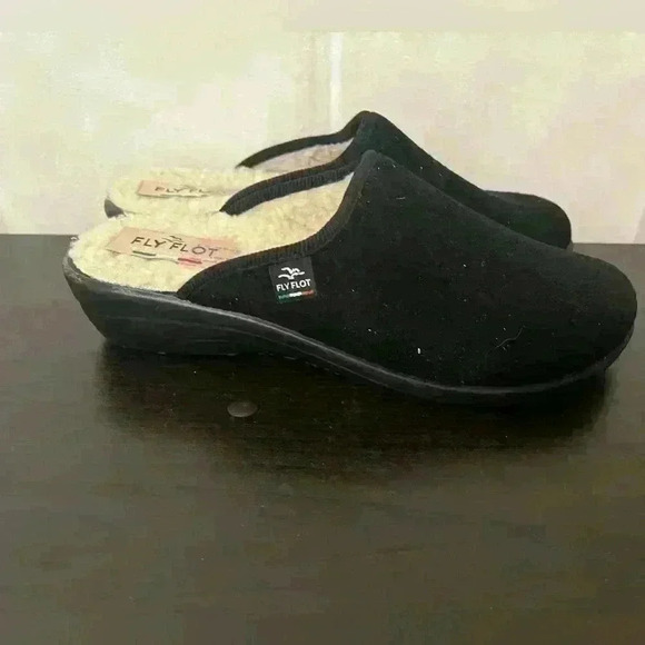 Fly Flot Womens Mule Flat Shoes Black Slip On Sherpa Lined Logo Italy Size 8 - Picture 6 of 8